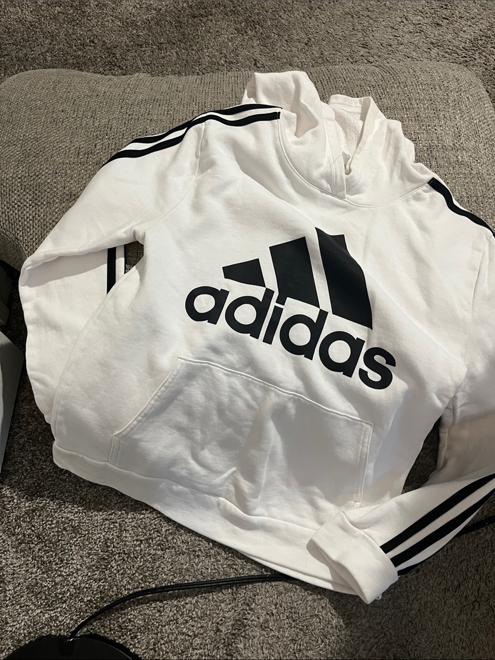 adidas White Hoodie with Black Logo & Stripes